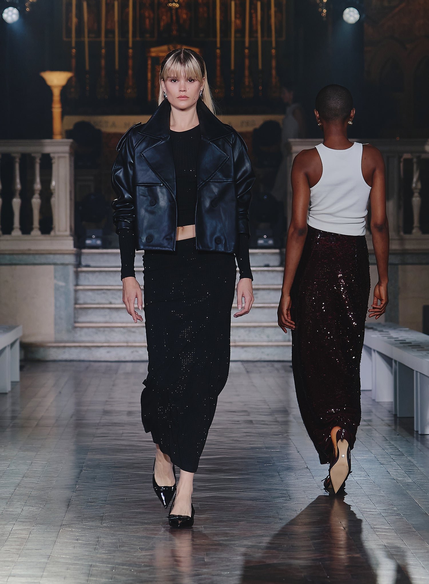 Black Faux Leather Cropped Trench Coat